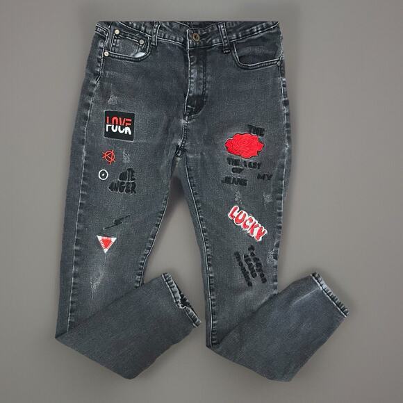 Black Patchwork Skinny Jeans Size 28 Distressed Punk Y2K Graphic Denim Pants - Picture 1 of 5